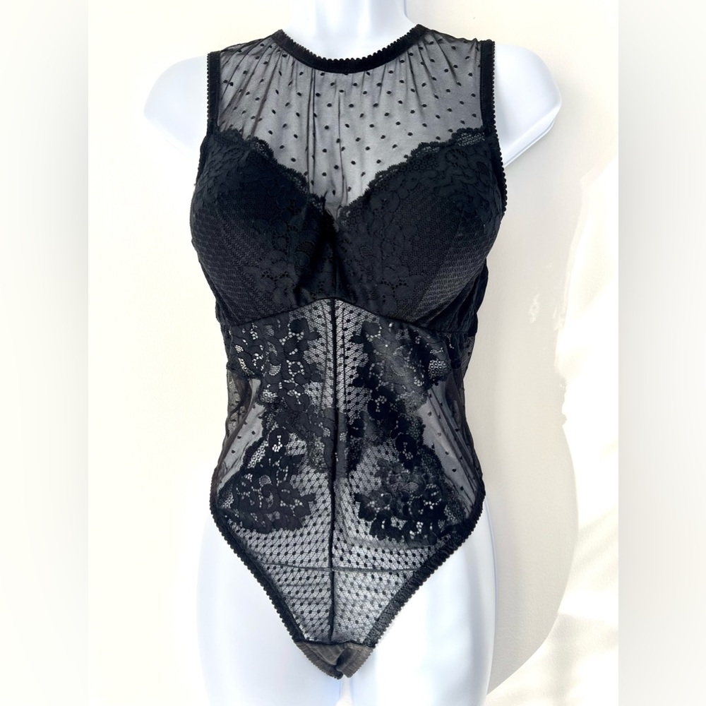 INC International Concepts Cupped Swiss Dot Thong Bodysuit, Black